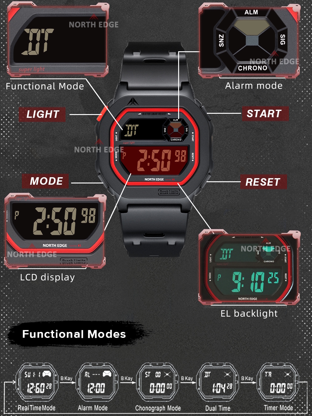 Чоловічий годинник North Edge X1 5BAR 2059 з чорним цифровим циферблатом — фото 3