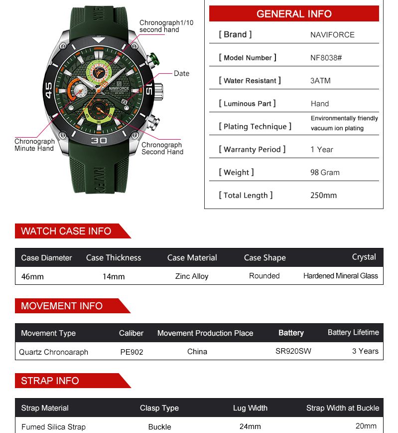 Чоловічий годинник Naviforce Faster 2140 із зеленим циферблатом та хронографом — фото 7