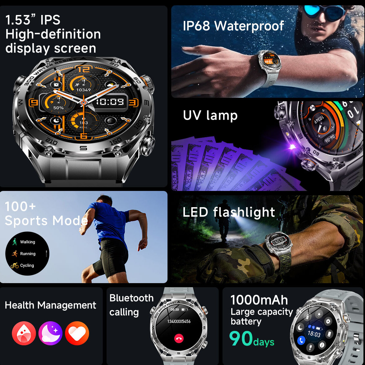 Смартгодинник UWatch Smart Flash Rubber Silver 1.53″, Bluetooth-дзвінки, 2 ремінці — фото 4