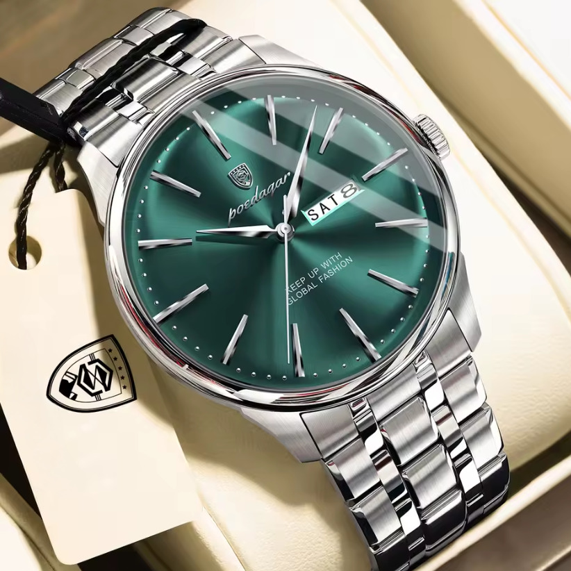 Чоловічий годинник Poedagar Malachite 2522 зі сталевим браслетом і зеленим циферблатом — фото 1