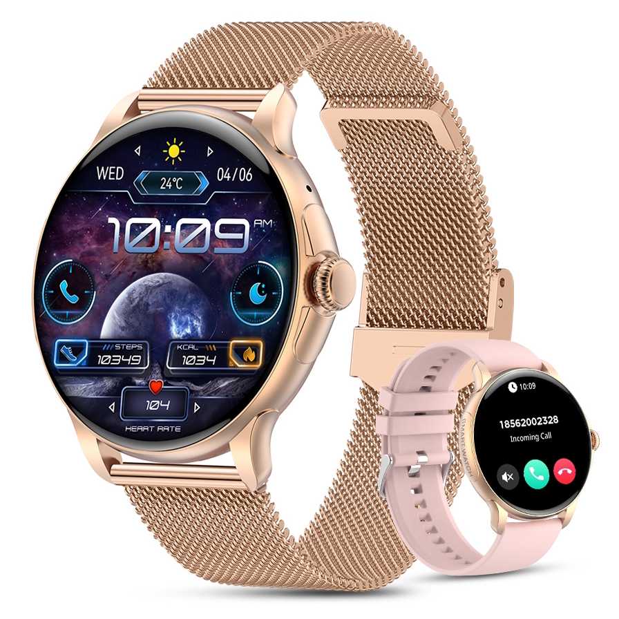 Жіночий смартгодинник UWatch Smart Holiday Gold Steel 46 мм з Amoled-дисплеєм і 2 ремінцями — фото 1
