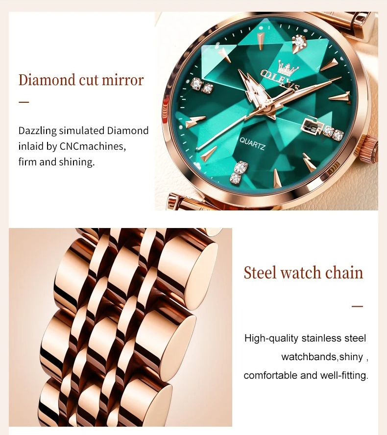 Жіночий годинник Olevs Diamond Leather Brown 2515 із зеленим циферблатом і 2 ремінцями — фото 5