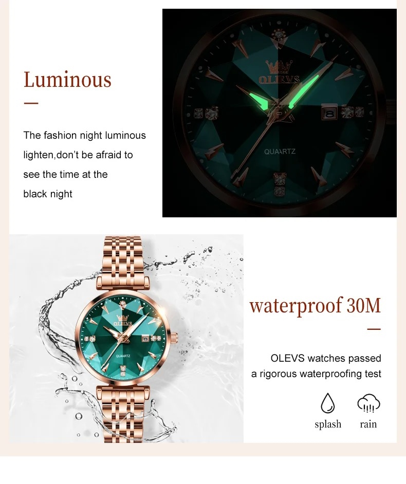Жіночий годинник Olevs Diamond Leather Brown 2515 із зеленим циферблатом і 2 ремінцями — фото 6