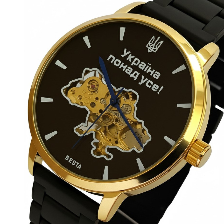 Чоловічий годинник Besta Skeleton Gold Black Metal 2162 з автозаводом і 2 ремінцями — фото 1