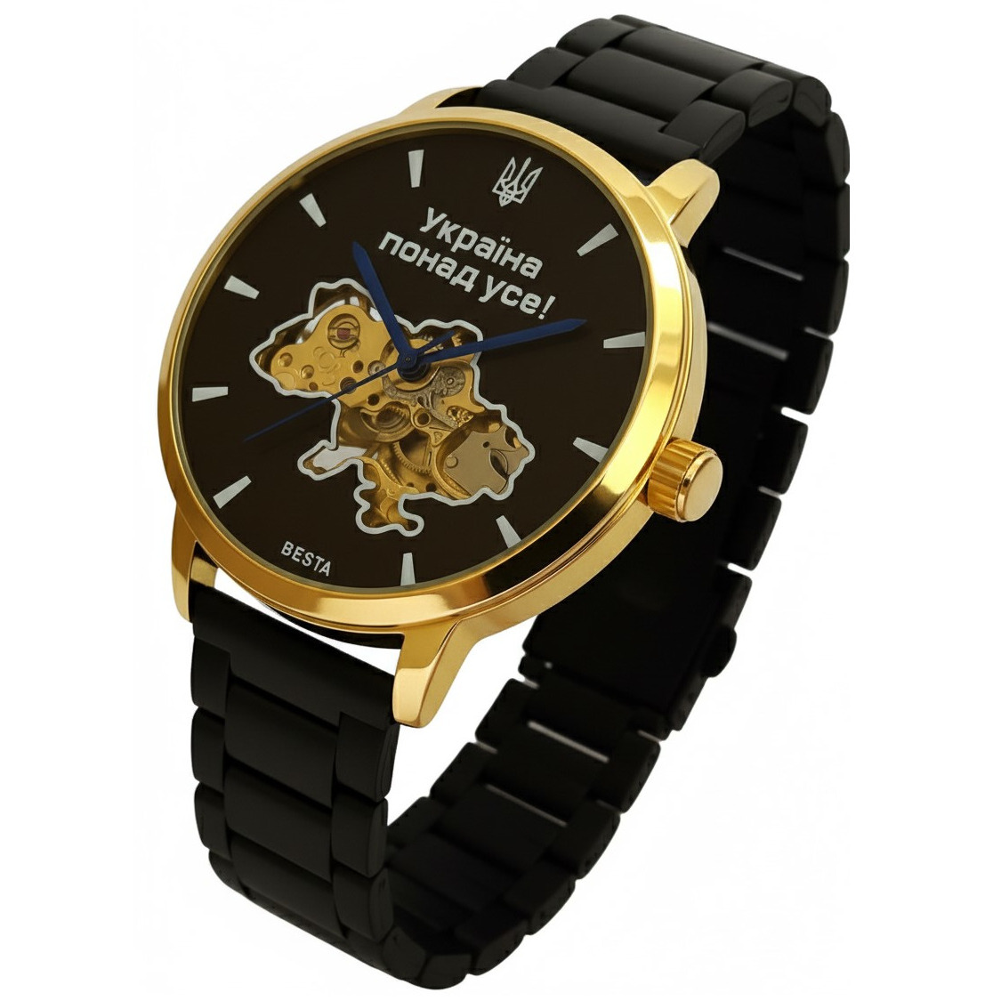 Чоловічий годинник Besta Skeleton Gold Black Metal 2162 з автозаводом і 2 ремінцями — фото 2