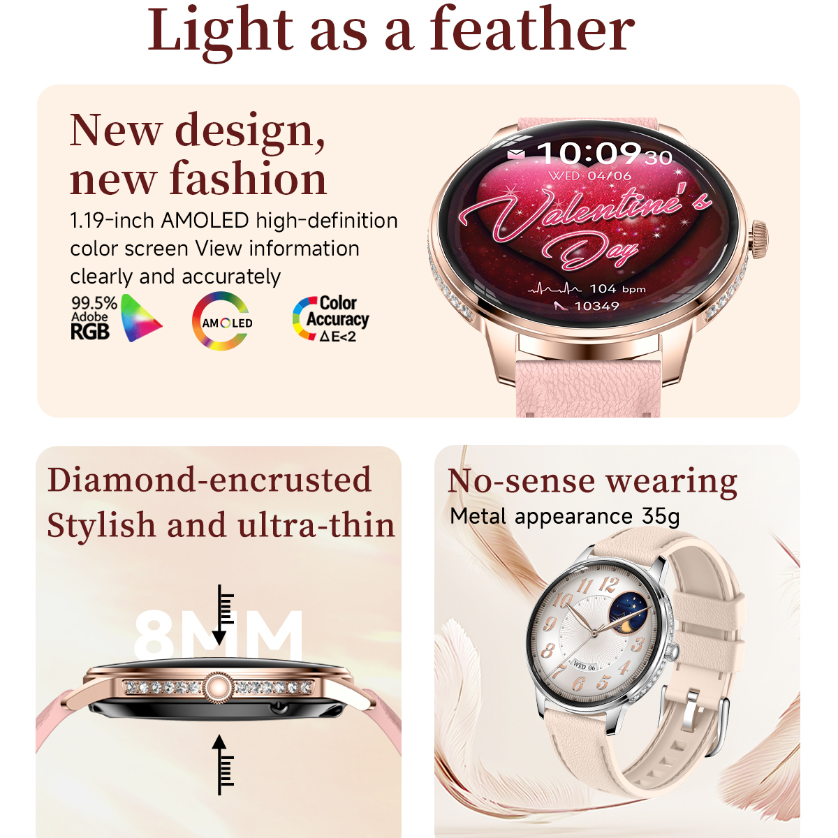Смартгодинник UWatch Smart Brilliant Slim Silver, AMOLED 1.19, сріблястий, 2 ремінці — фото 4