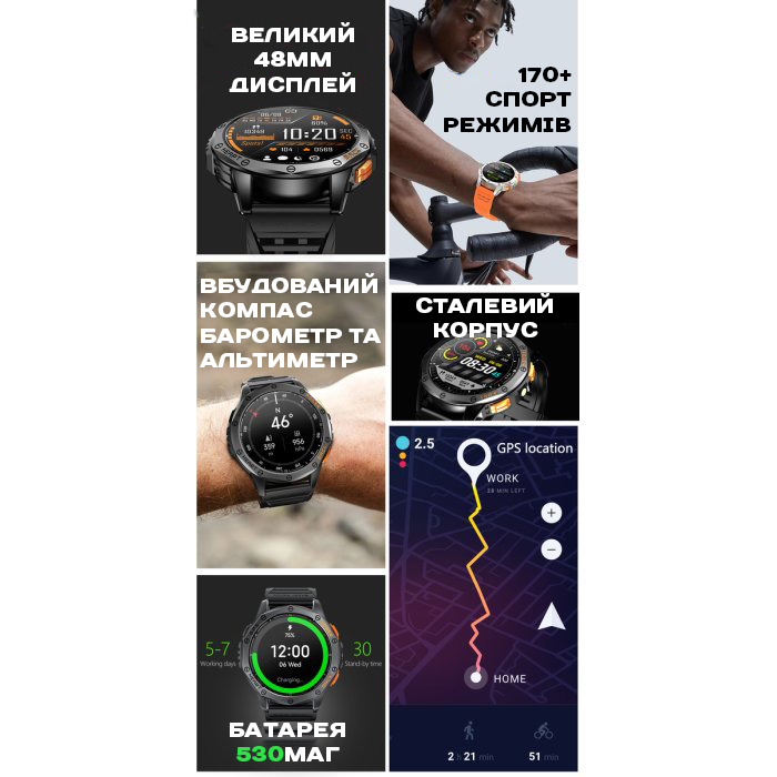 Смартгодинник UWatch Smart GPS Max Steel Black AMOLED з GPS і 3 ремінцями — фото 6