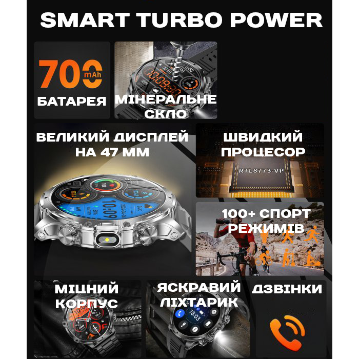 Смарт-годинник UWatch Smart Turbo Power Rubber чорний, 1.85″, 2 ремінці — фото 7