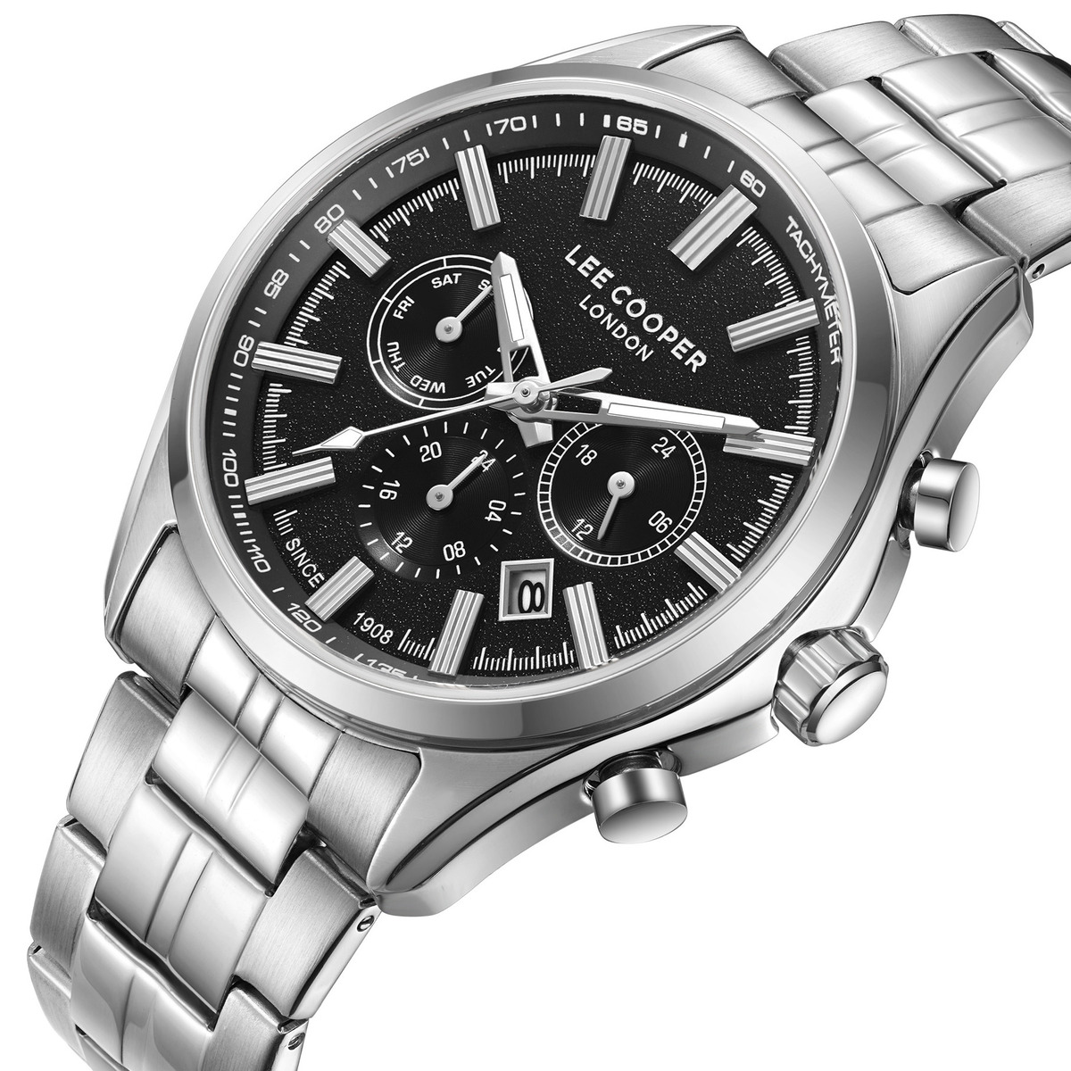Чоловічий годинник Lee Cooper Fenix Black 1981, 44 мм, сріблястий браслет — фото 1