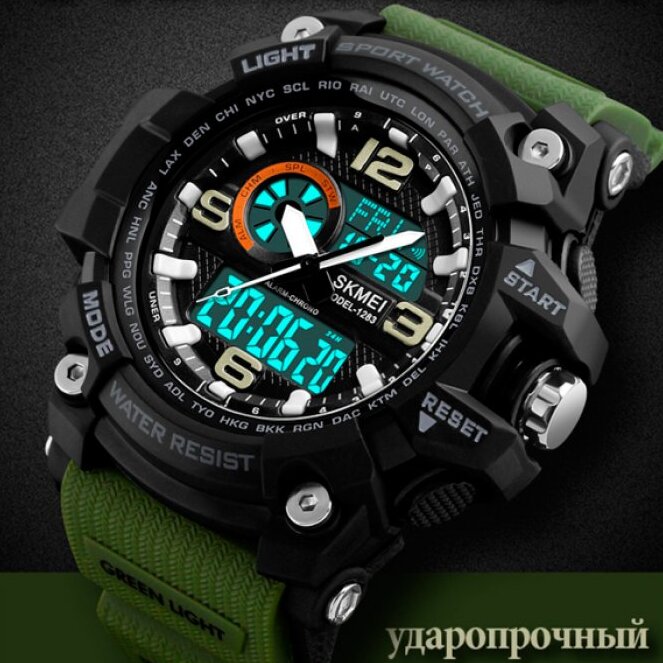 Чоловічий годинник Skmei Disel 1283 Quartz 50 мм з темно-зеленим каучуковим ремінцем — фото 6