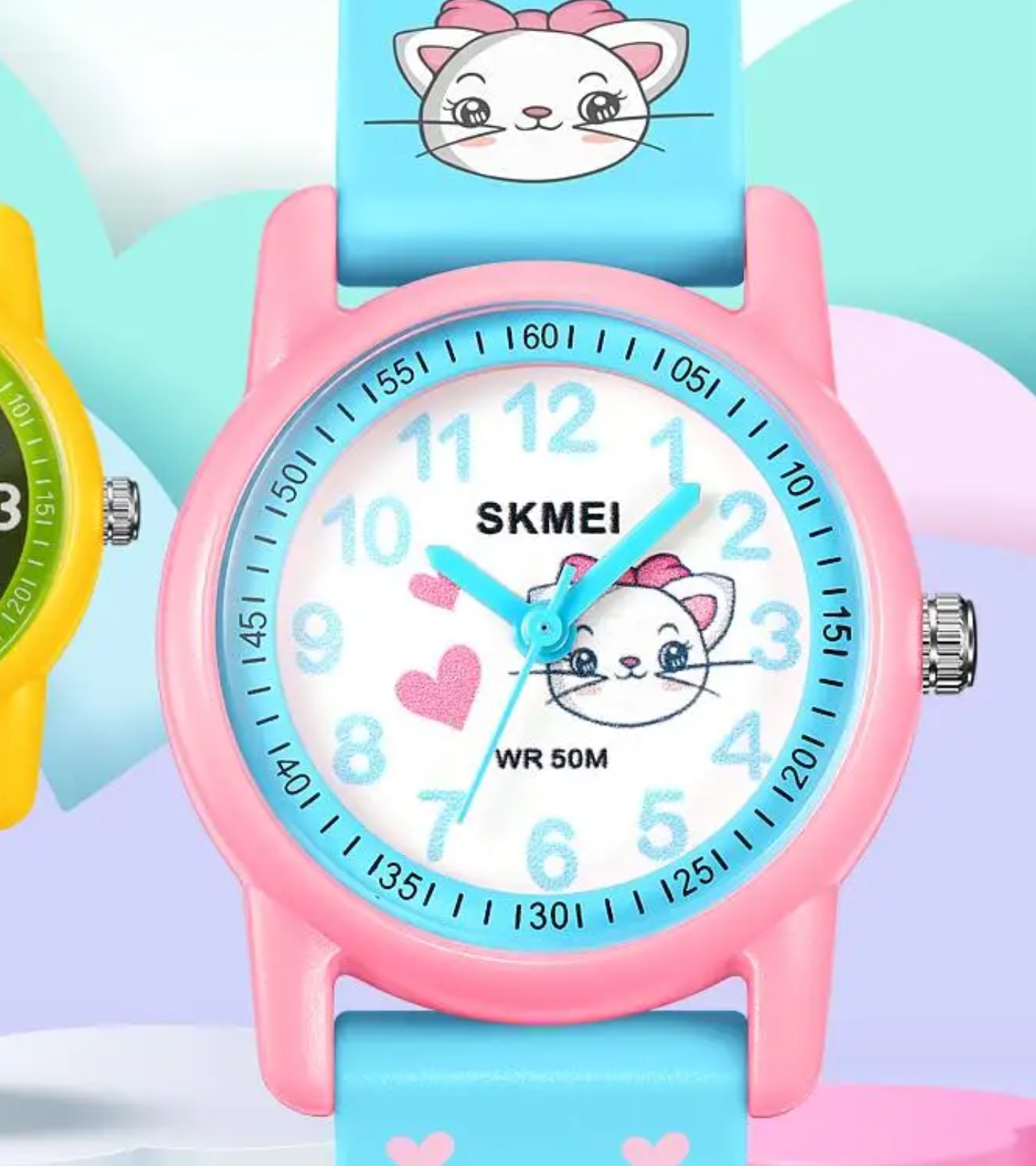 Дитячий годинник Skmei Kitty 2193 для дівчаток, рожевий корпус і блакитний ремінець — фото 4