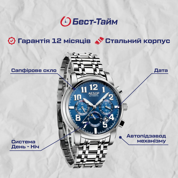 Чоловічий механічний годинник Aesop Original 8902 із автозаводом, темно-синій циферблат — фото 6