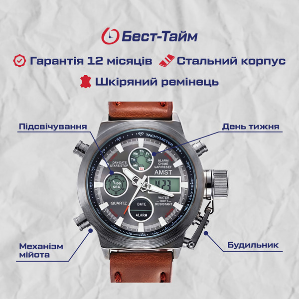 Чоловічий годинник AMST Mountain 1233 сірий, шкіряний ремінець, Quartz Miyota — фото 5