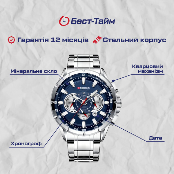 Чоловічий годинник Curren Rodos 2418 зі сріблястим браслетом і темно-синім циферблатом — фото 5