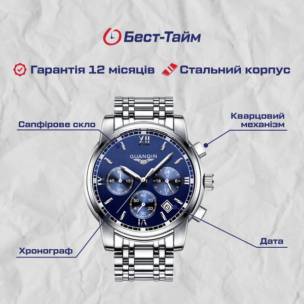 Чоловічий годинник Guanquin Liberty 8802 із темно-синім циферблатом і сталевим браслетом — фото 5