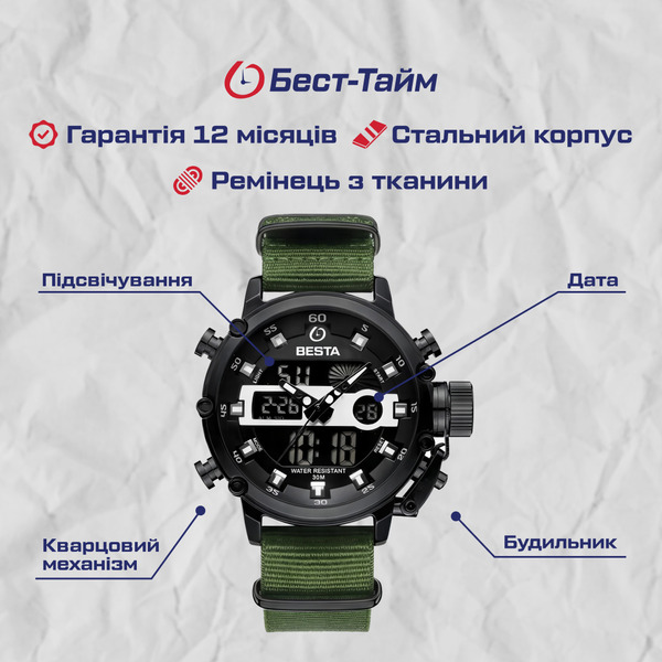 Чоловічий тактичний годинник Besta Prof Green 1460 з японським кварцовим механізмом — фото 5