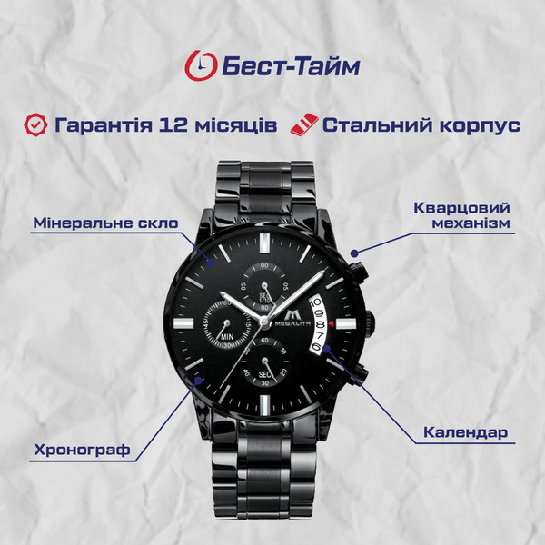 Чоловічий годинник MegaLith Super 7710 з чорним циферблатом і сталевим браслетом — фото 5