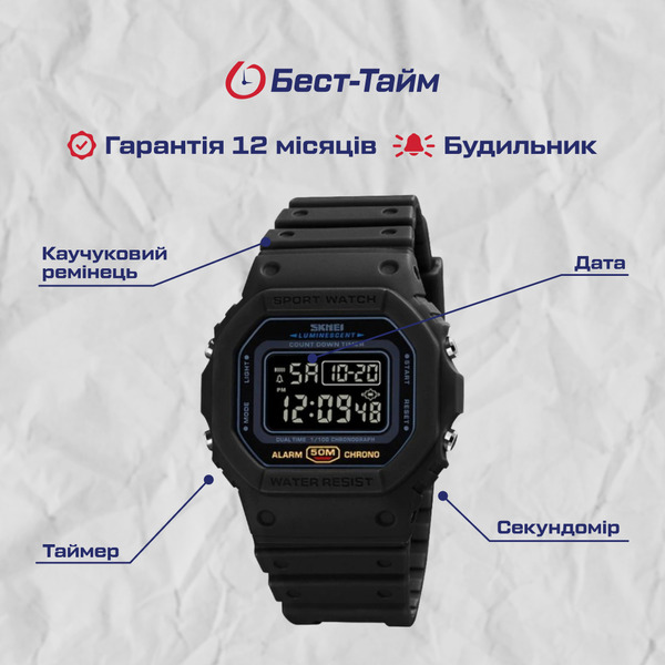 Чоловічий годинник Skmei 1141 Dron Black з цифровим циферблатом — фото 5