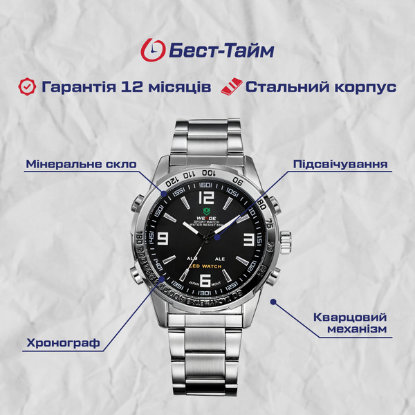 Чоловічий тактичний годинник Weide Standart Silver 1506 зі сталевим браслетом — фото 5