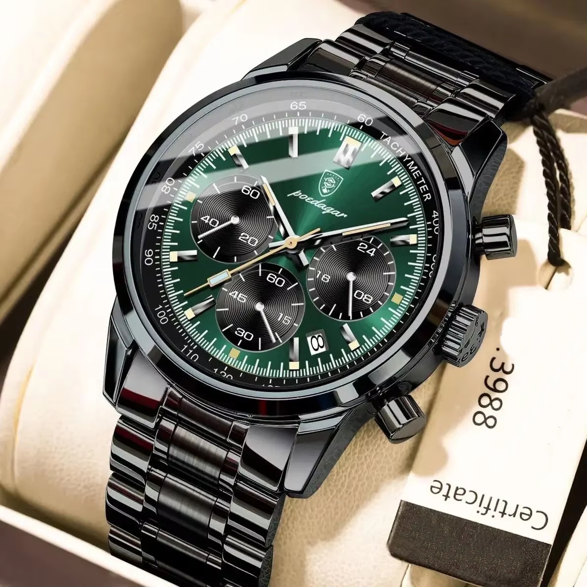 Чоловічий годинник Poedagar Petros Black 2103, зелений циферблат — фото 1
