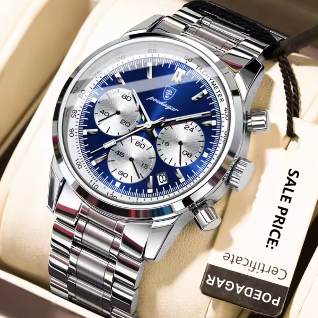Чоловічий годинник Poedagar Petros Silver 2102 зі сріблястим браслетом і синім циферблатом — фото 1