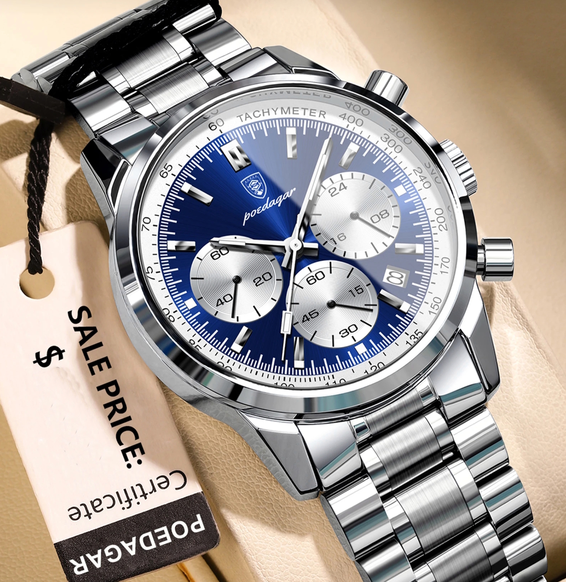 Чоловічий годинник Poedagar Petros Silver 2102 зі сріблястим браслетом і синім циферблатом — фото 3