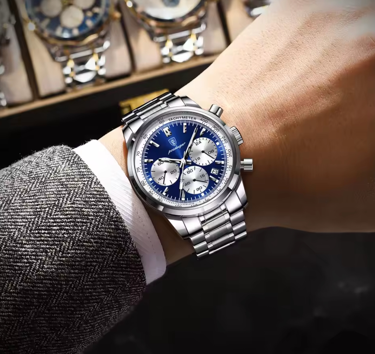 Чоловічий годинник Poedagar Petros Silver 2102 зі сріблястим браслетом і синім циферблатом — фото 4