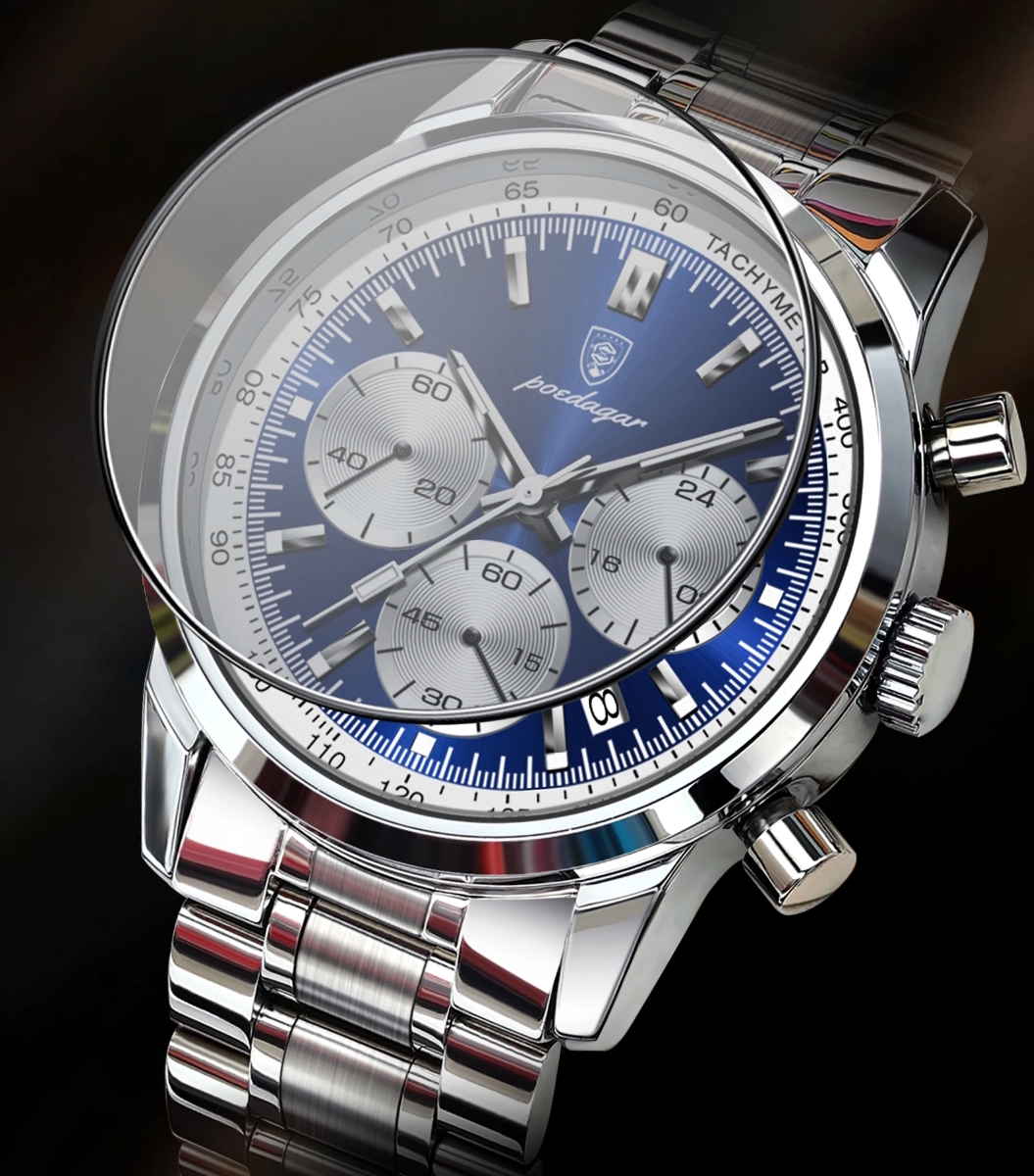 Чоловічий годинник Poedagar Petros Silver 2102 зі сріблястим браслетом і синім циферблатом — фото 9