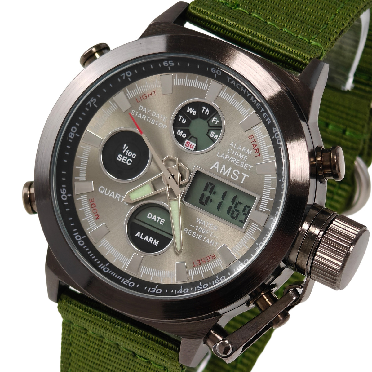 Чоловічий тактичний годинник AMST Mountain Green 2224 з 2 ремінцями — фото 1