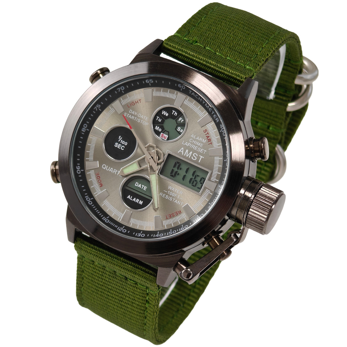 Чоловічий тактичний годинник AMST Mountain Green 2224 з 2 ремінцями — фото 3