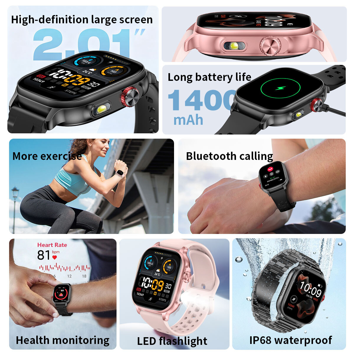 Смарт годинник UWatch Smart Energy Sakura Pink 2.01 IPS, Bluetooth-дзвінки, 2 ремінці — фото 5