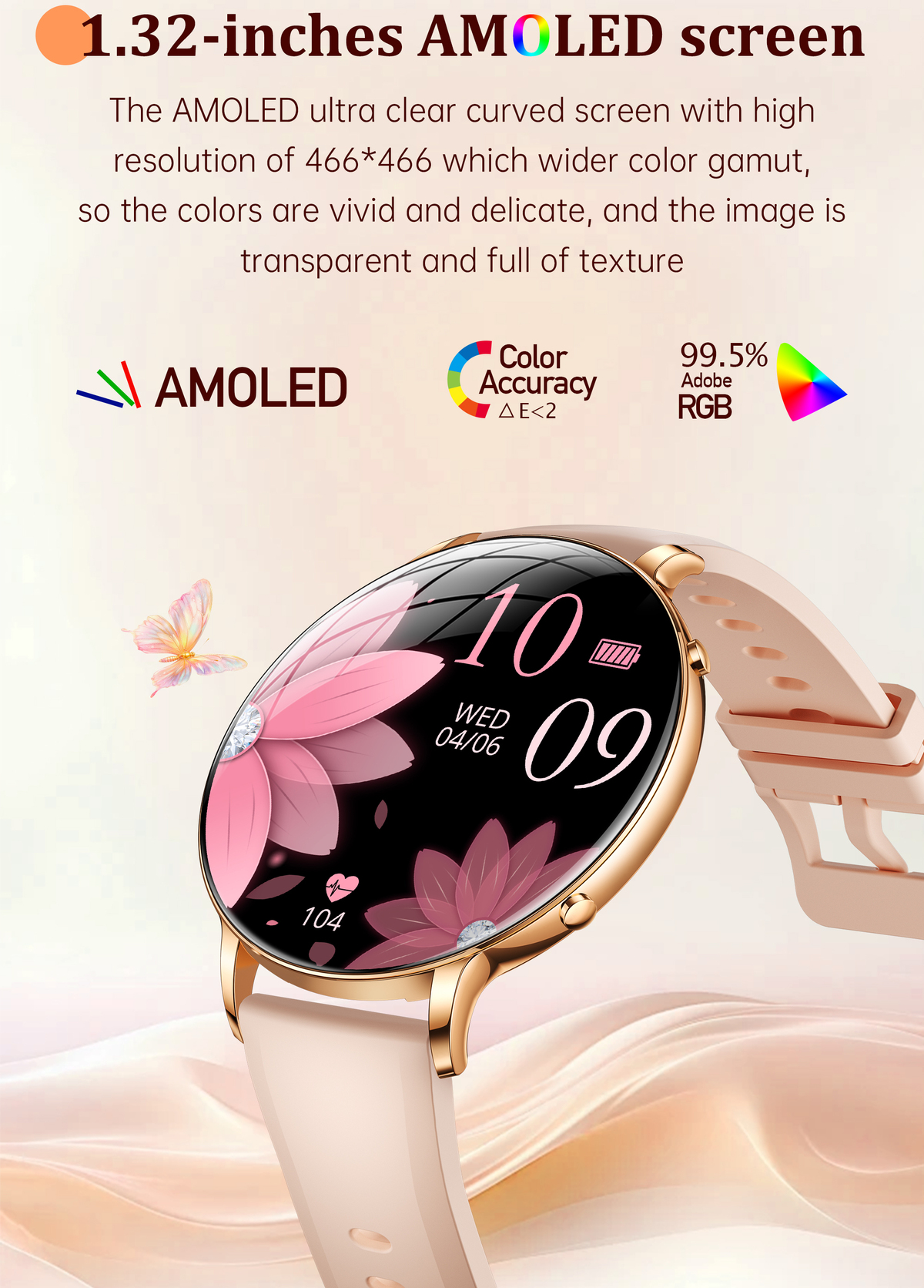Смарт-годинник UWatch Smart Rose з ліхтариком, AMOLED 1.32″, рожевий ремінець і додатковий сталевий — фото 4