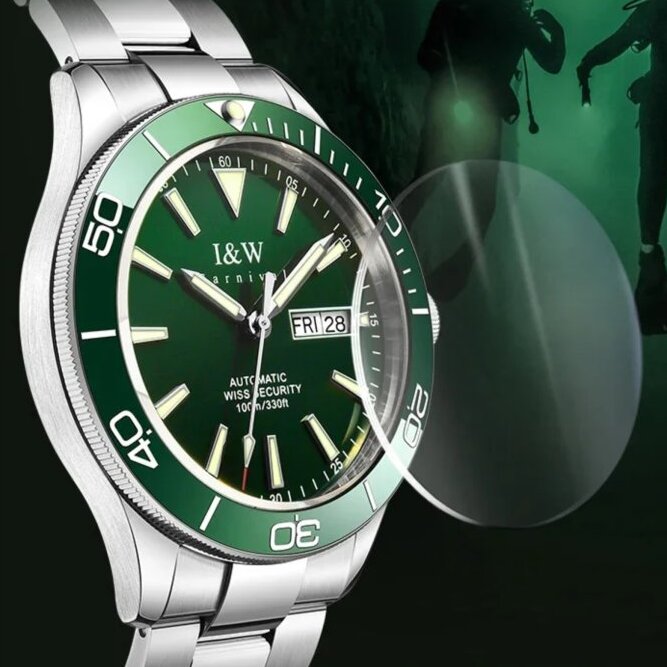 Чоловічий механічний годинник Carnival Diver 10 Bar 2032 із зеленим циферблатом — фото 6