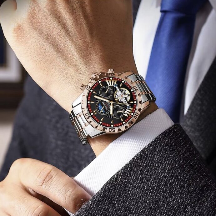 Чоловічий годинник Poedagar Mechanical 1731 з автозаводом і чорним циферблатом — фото 6