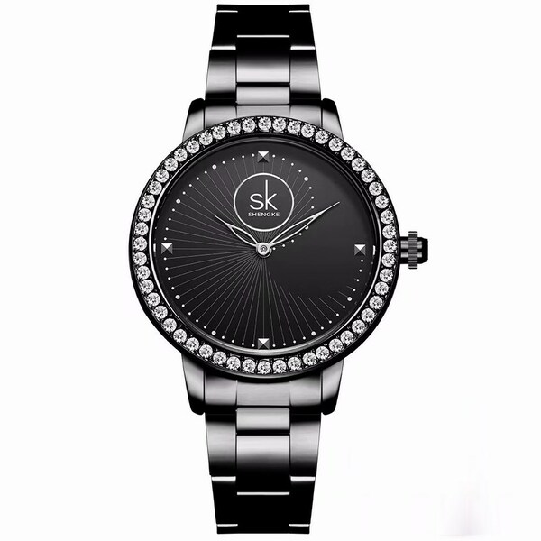 Жіночий годинник Shengke Diamond 9104 з чорним циферблатом і сталевим браслетом — фото 1