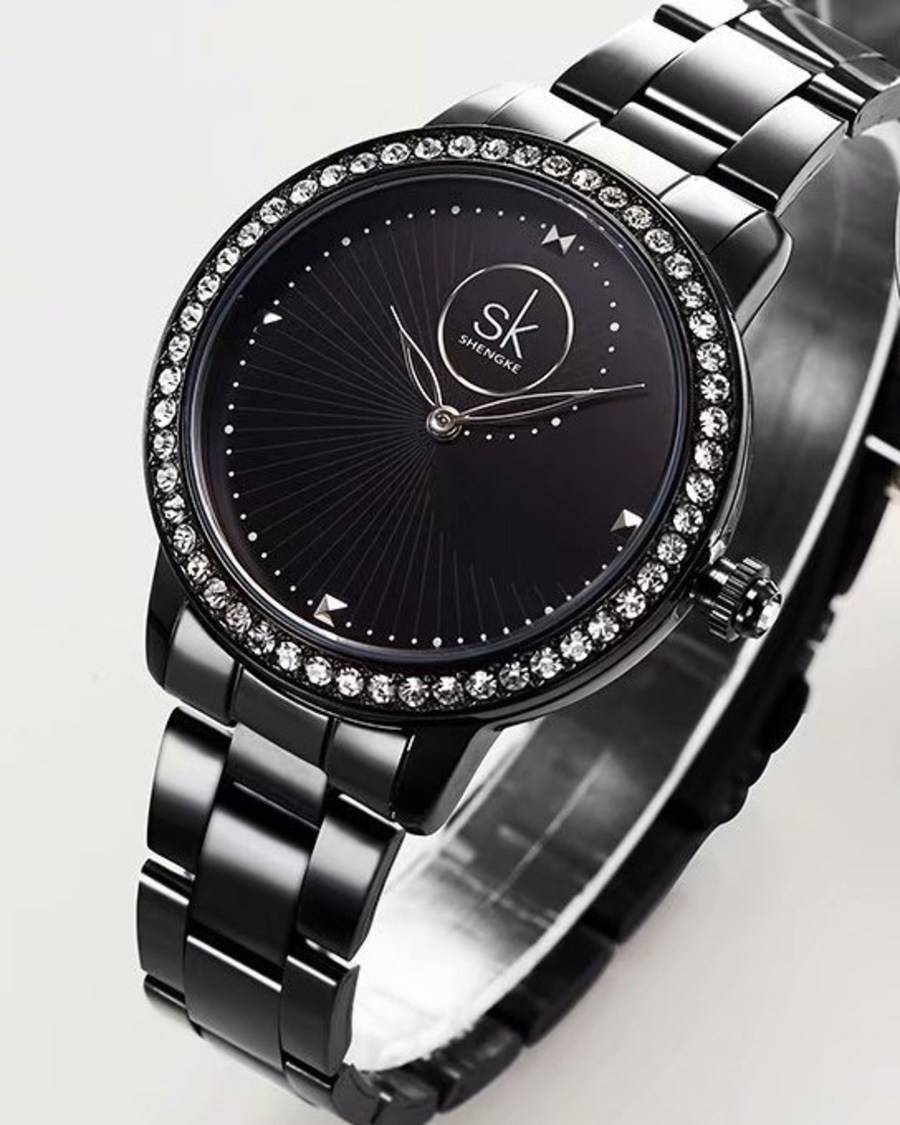 Жіночий годинник Shengke Diamond 9104 з чорним циферблатом і сталевим браслетом — фото 2