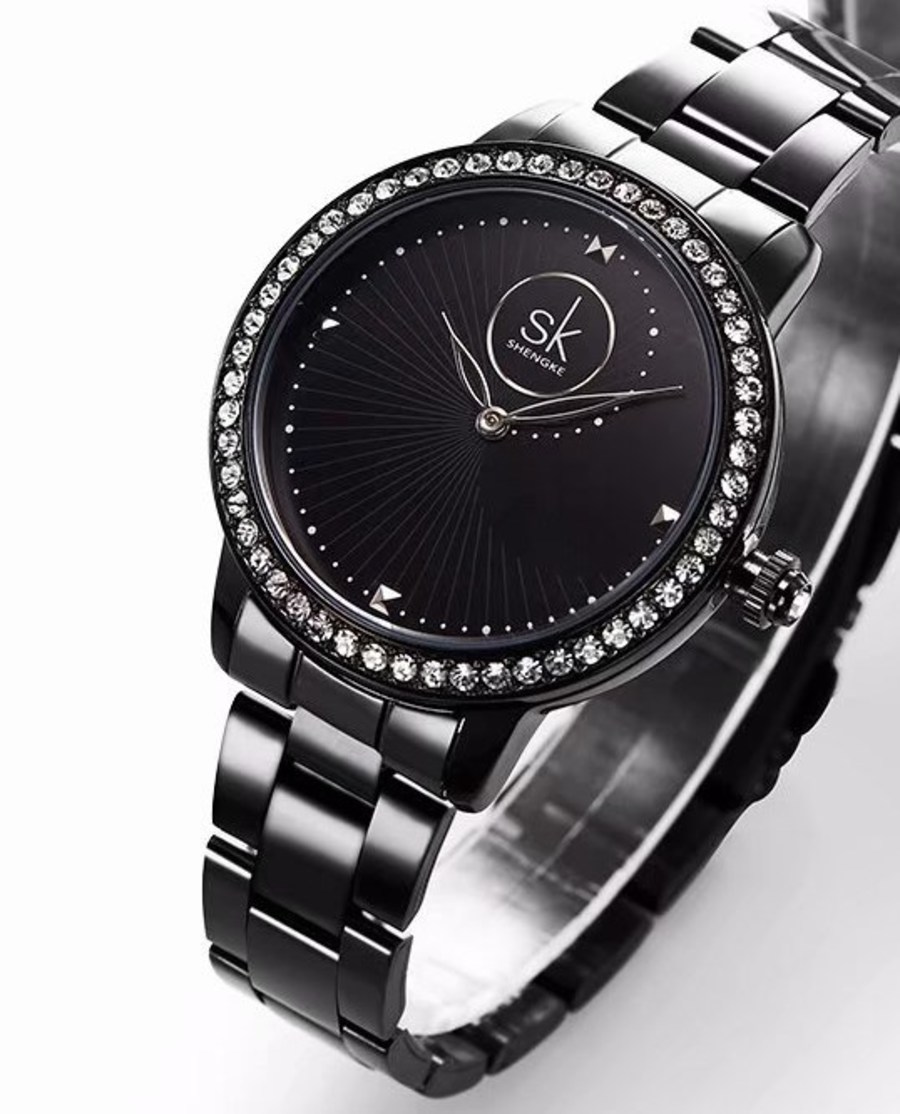Жіночий годинник Shengke Diamond 9104 з чорним циферблатом і сталевим браслетом — фото 3
