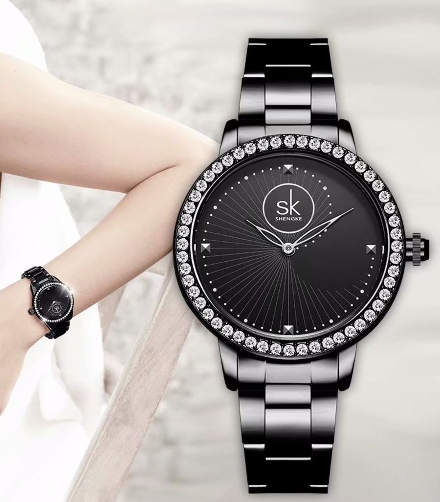Жіночий годинник Shengke Diamond 9104 з чорним циферблатом і сталевим браслетом — фото 4